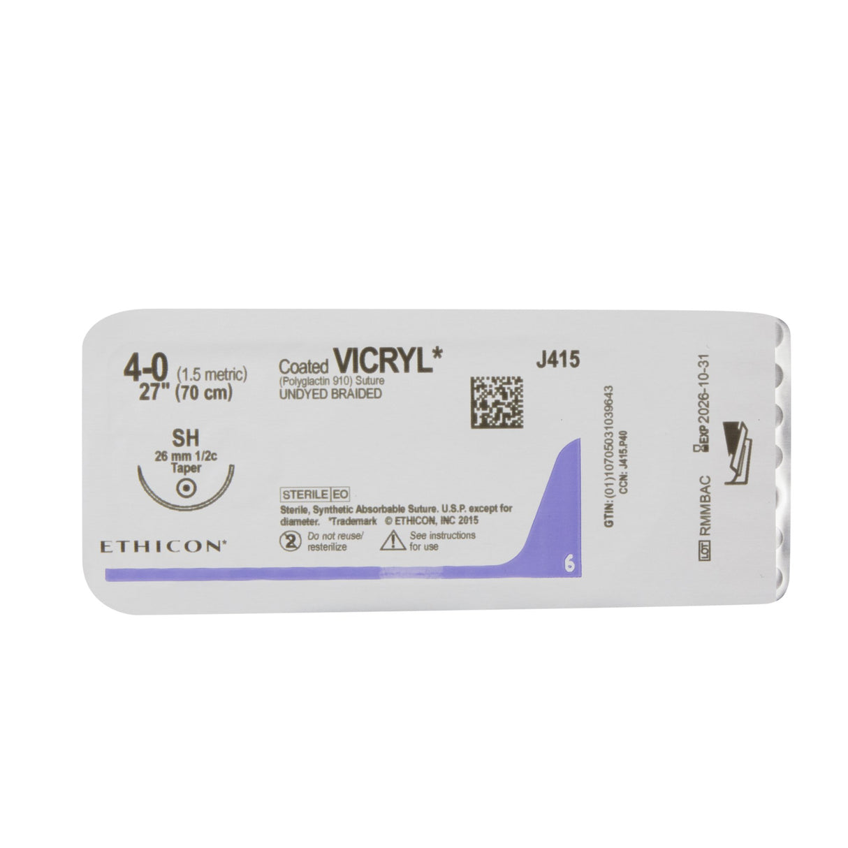 Absorbable Suture with Needle Coated Vicryl™ Polyglactin 910 SH 1/2 Circle Taper Point Needle Size 4-0 Braided - BeHope