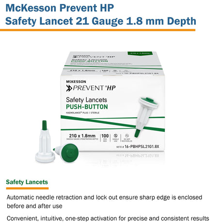 Safety Lancet McKesson Prevent® HP 21 Gauge Retractable Push Button Activation Finger - BeHope