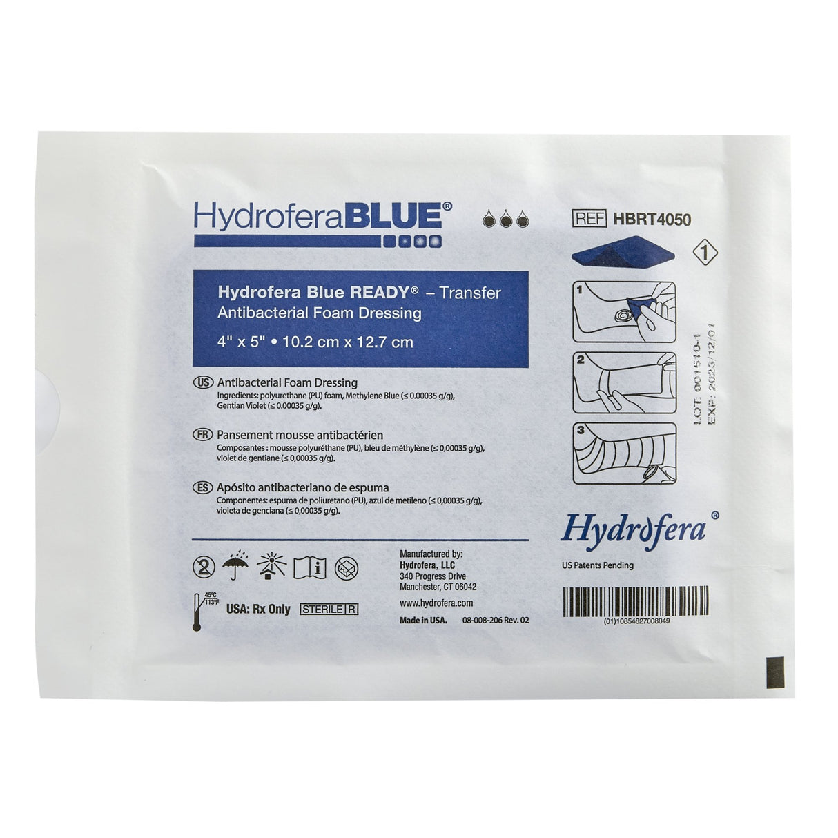 Antibacterial Foam Dressing Hydrofera BLUEÂ® READY-Transfer 4 X 5 Inch Without Border Without Film Backing Nonadhesive Rectangle Sterile - BeHope