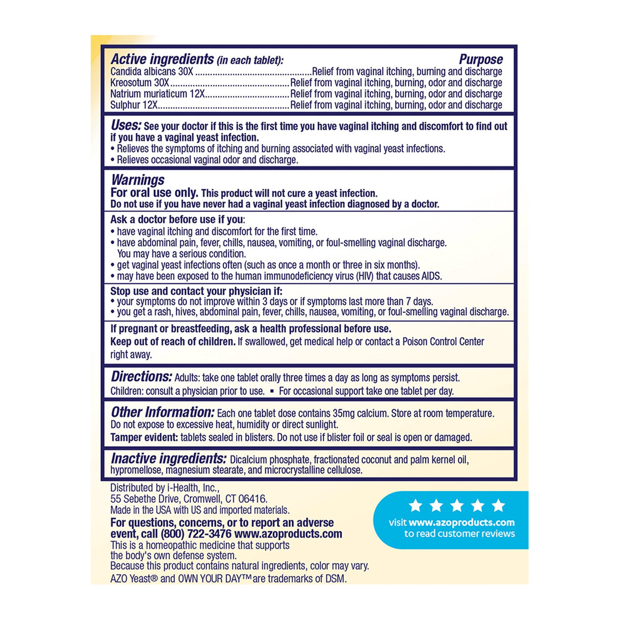 Vaginal Antifungal Azo Yeast® Plus Tablet 60 per Bottle Box - BeHope