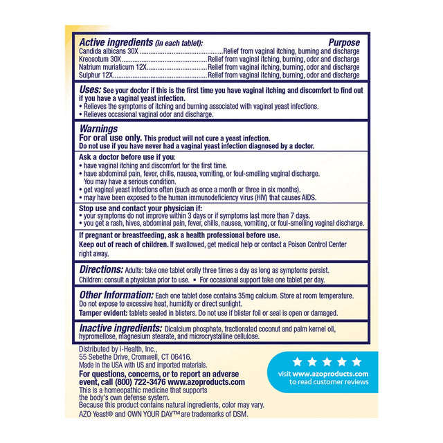 Vaginal Antifungal Azo Yeast® Plus Homeopathic Tablets - BeHope