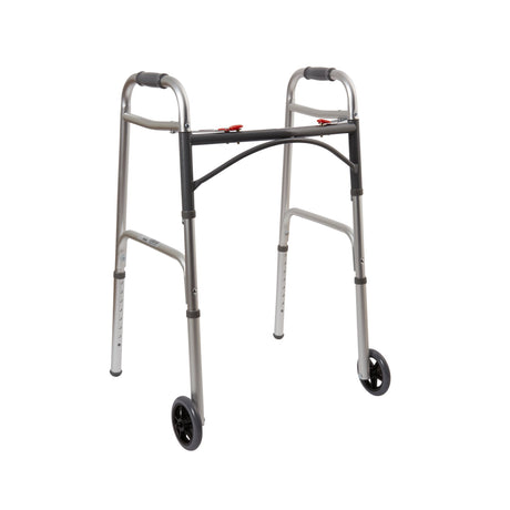 Dual Release Folding Walker with Wheels Adjustable Height McKesson Aluminum Frame 350 lbs. Weight Capacity 32 to 39 Inch Height - BeHope