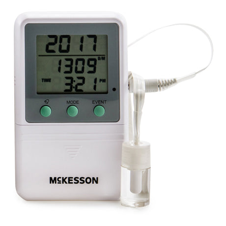 Digital Refrigerator / Freezer Thermometer with Alarm McKesson Fahrenheit / Celsius -58° to +158°F (-50° to +70°C) Glycol Bottle Probe Multiple Mounting Options Battery Operated - BeHope