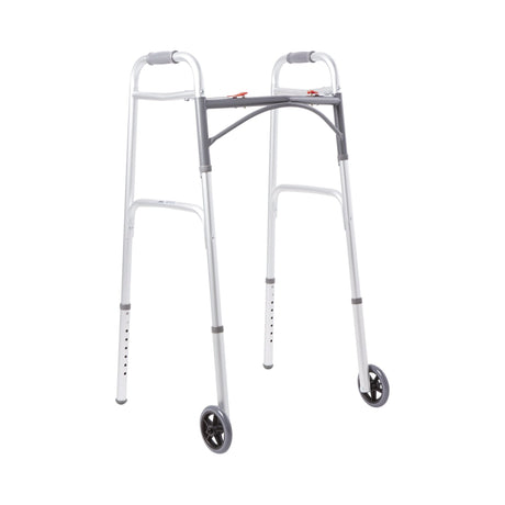 Dual Release Folding Walker with Wheels Adjustable Height McKesson Aluminum Frame 350 lbs. Weight Capacity 32 to 39 Inch Height - BeHope