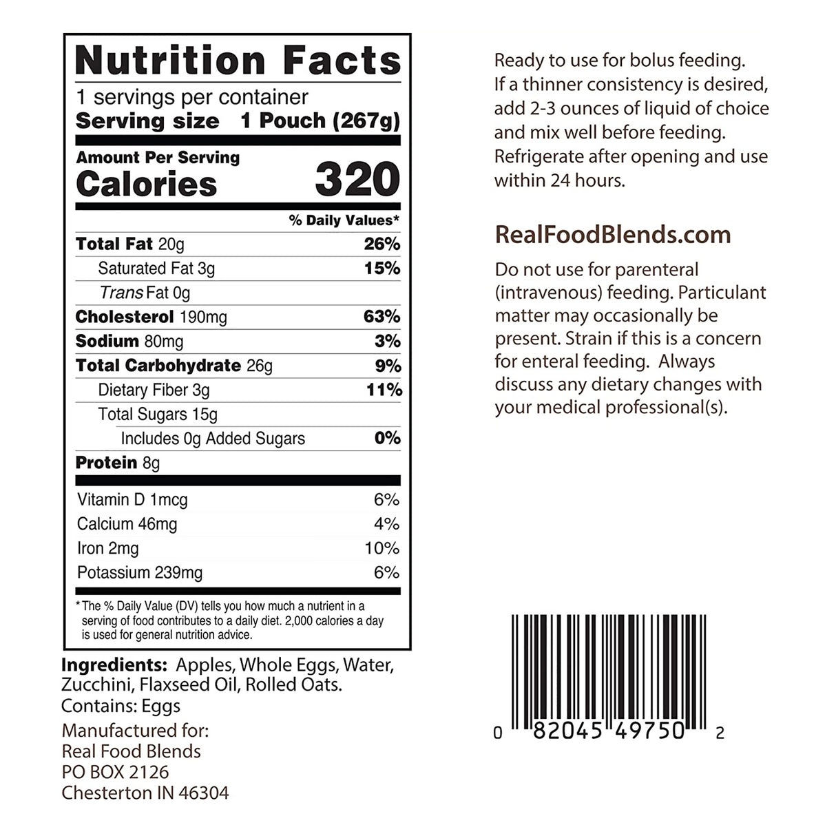 Tube Feeding Formula Real Food Blends® Apples, Whole Eggs, Water, Zucchini, Falxseed Oil, Rolled Oats (Oats are certified gluten-free.) Liquid 9.4 oz. Pouch - BeHope