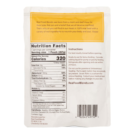 Tube Feeding Formula Real Food Blends® Apples, Whole Eggs, Water, Zucchini, Falxseed Oil, Rolled Oats (Oats are certified gluten-free.) Liquid 9.4 oz. Pouch - BeHope