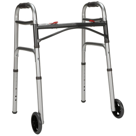 Dual Release Folding Walker with Wheels Adjustable Height McKesson Aluminum Frame 350 lbs. Weight Capacity 25 to 32-1/4 Inch Height - BeHope