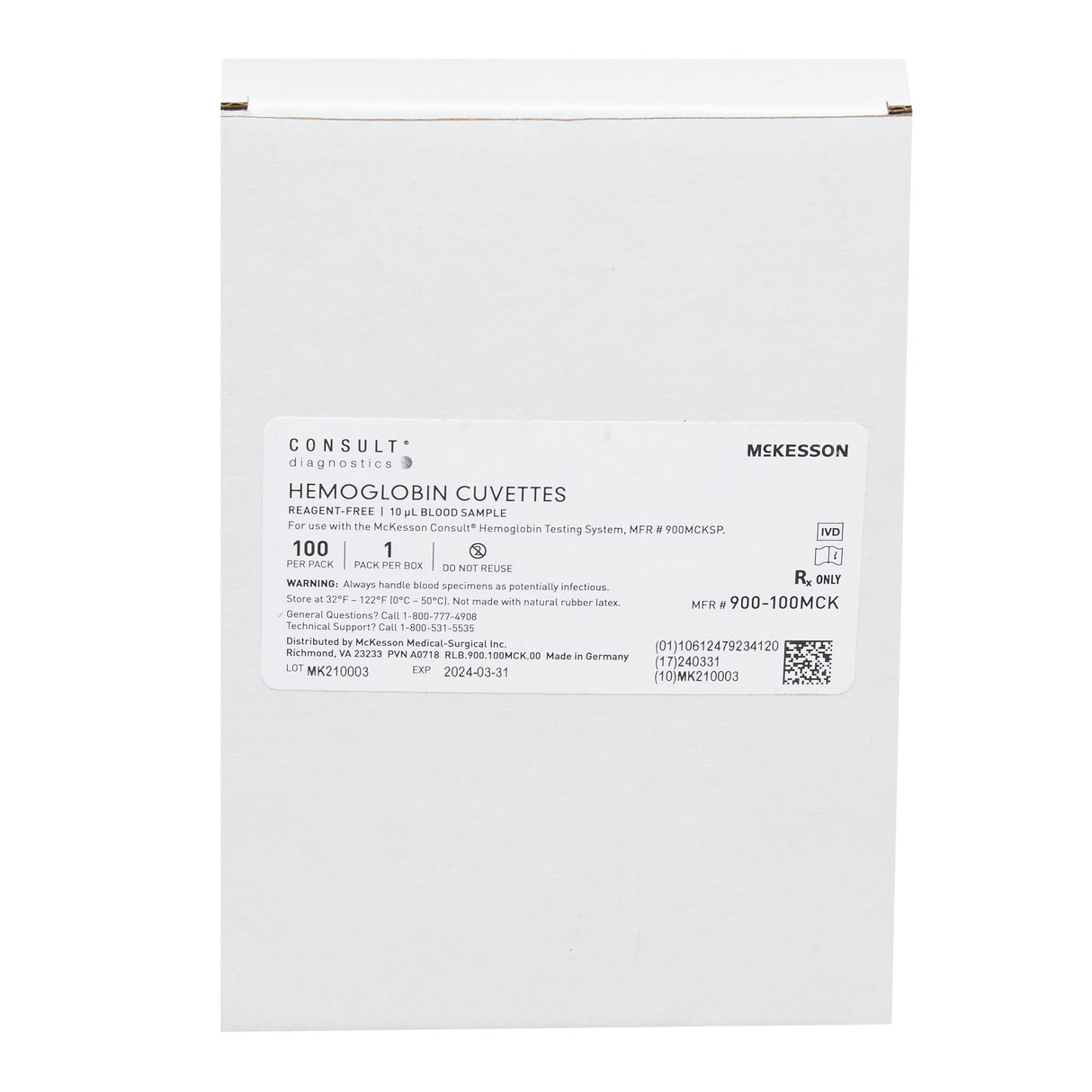 Hematology Reagent Microcuvette McKesson Consult® Hb Hemoglobin (Hb) CLIA Waived For McKesson Consult Hb Hemoglobin Testing System, MFR 900MCKSP 100 Microcuvettes per Vial - BeHope