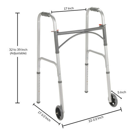 Dual Release Folding Walker with Wheels Adjustable Height McKesson Steel Frame 350 lbs. Weight Capacity 32 to 39 Inch Height - BeHope