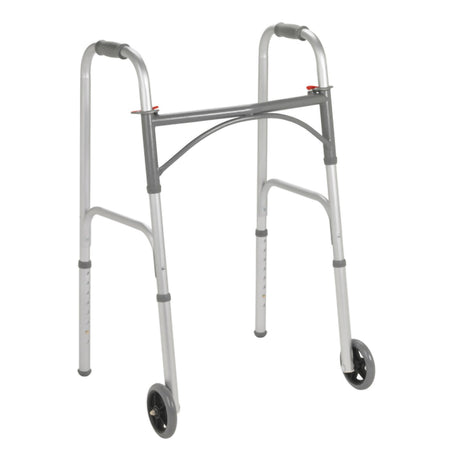 Dual Release Folding Walker with Wheels Adjustable Height McKesson Steel Frame 350 lbs. Weight Capacity 32 to 39 Inch Height - BeHope