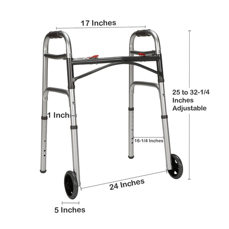 Dual Release Folding Walker with Wheels Adjustable Height McKesson Aluminum Frame 350 lbs. Weight Capacity 25 to 32-1/4 Inch Height - BeHope
