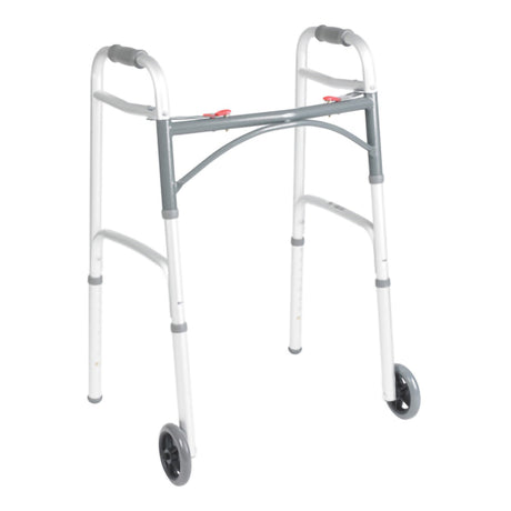 Dual Release Folding Walker with Wheels Adjustable Height McKesson Aluminum Frame 350 lbs. Weight Capacity 25 to 32-1/4 Inch Height - BeHope
