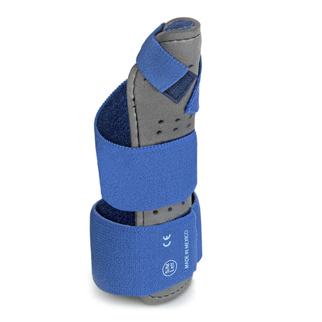 Wrist Splint with Thumb Spica McKesson Thumb Spica Nylon / Cotton-Terry / Foam / Elastic / Spandex Left Hand Blue / Gray Small / Medium - BeHope