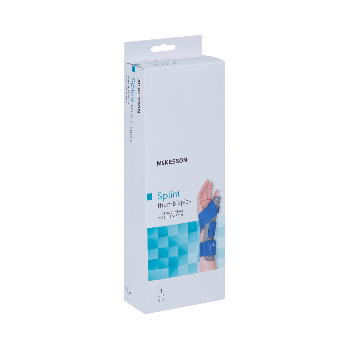 Wrist Splint with Thumb Spica McKesson Thumb Spica Nylon / Cotton-Terry / Foam / Elastic / Spandex Left Hand Blue / Gray Small / Medium - BeHope