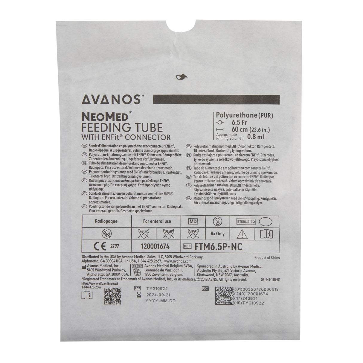 Nasogastric Feeding Tube NeoMed® 6.5 Fr. 60 cm Tube Polyurethane Sterile - BeHope