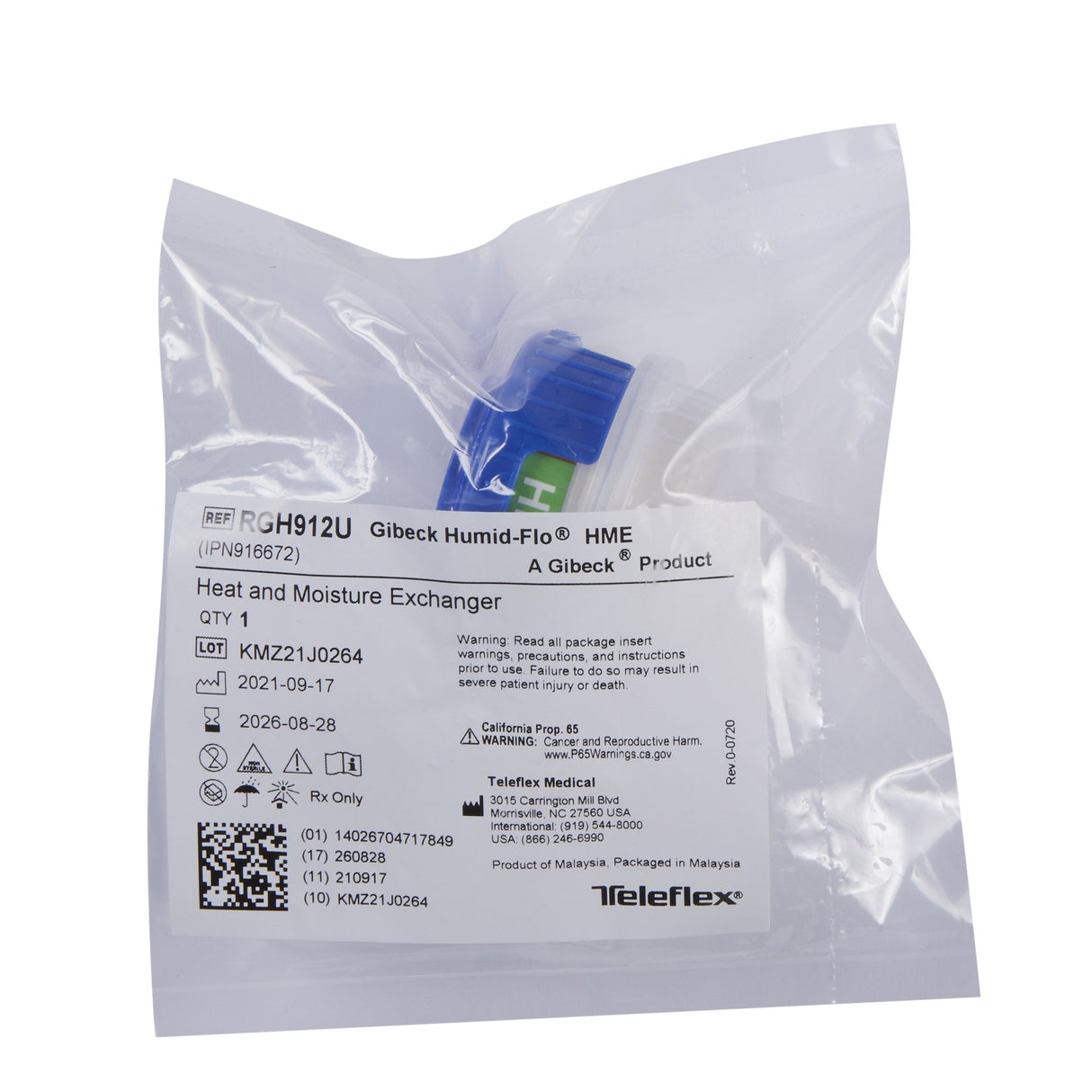 Heat and Moisture Exchanger Gibeck® Humid-Flo® 17.36 mg H₂O/L @ VT 500 mL 0.75 cm H₂O @ 30 LPM; 0.86 cm H₂O @ 30 LPM (aerosol) - BeHope