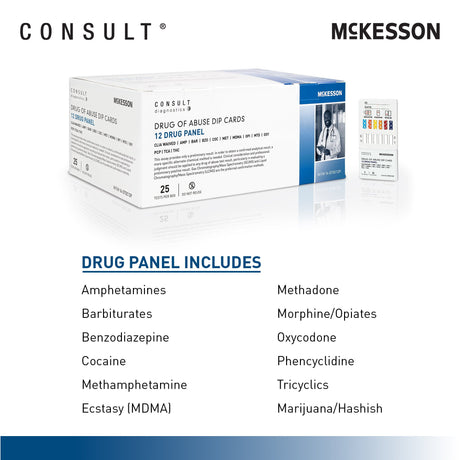 Drugs of Abuse Test Kit McKesson Consult™ AMP, BAR, BZO, COC, mAMP/MET, MDMA, MOP, MTD, OXY, PCP, TCA, THC 25 Tests CLIA Waived - BeHope