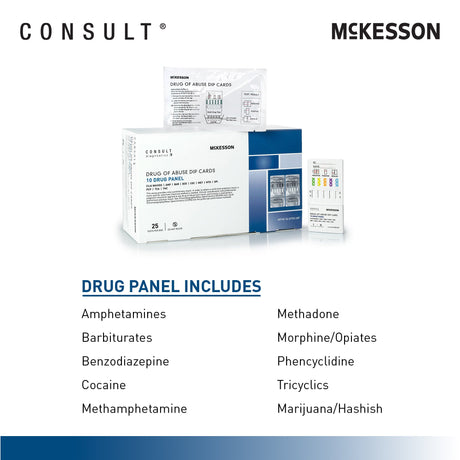 Drugs of Abuse Test Kit McKesson Consult™ AMP, BAR, BZO, COC, mAMP/MET, MTD, OPI, PCP, TCA, THC 25 Tests CLIA Waived - BeHope