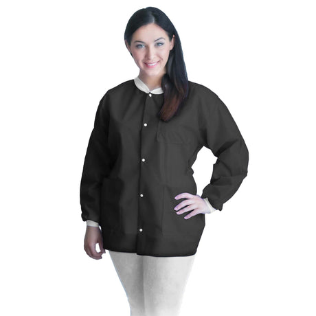 Lab Jacket FitMe™ Black Large Hip Length 3-Layer SMS Disposable - BeHope
