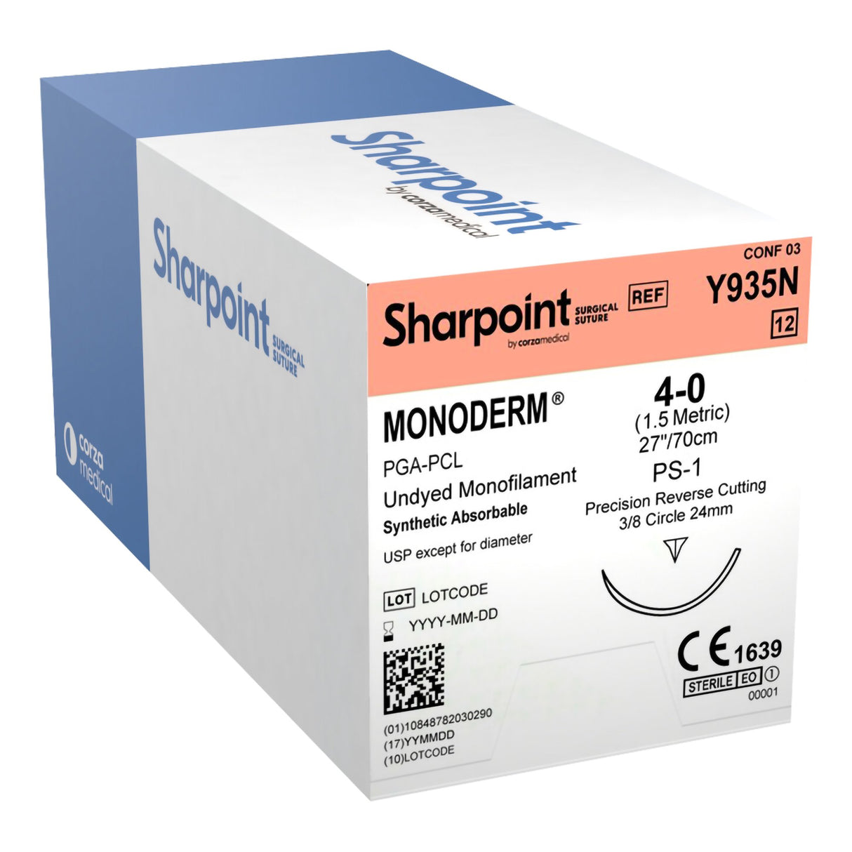 Absorbable Suture with Needle Monoderm™ Polyglycolic Acid / PCL PS-1 3/8 Circle Reverse Cutting Needle Size 4-0 Barbed Monofilament - BeHope