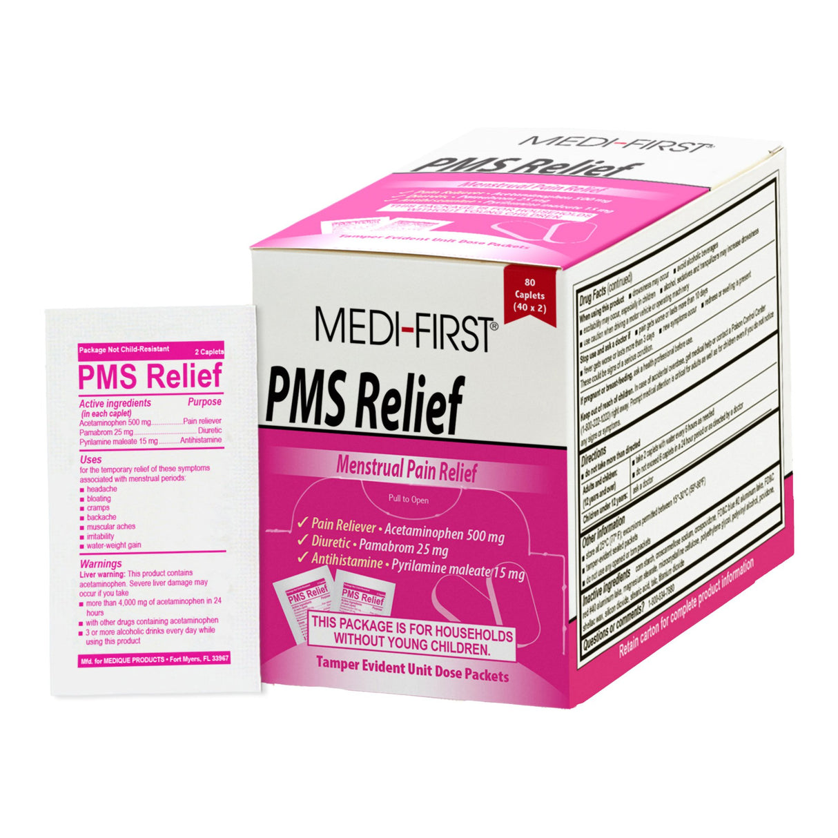 Pain Relief PMS Relief 500 mg - 25 mg - 15 mg Strength Acetaminophen / Pamabrom / Pyrilamine Maleate Caplet 80 per Box - BeHope