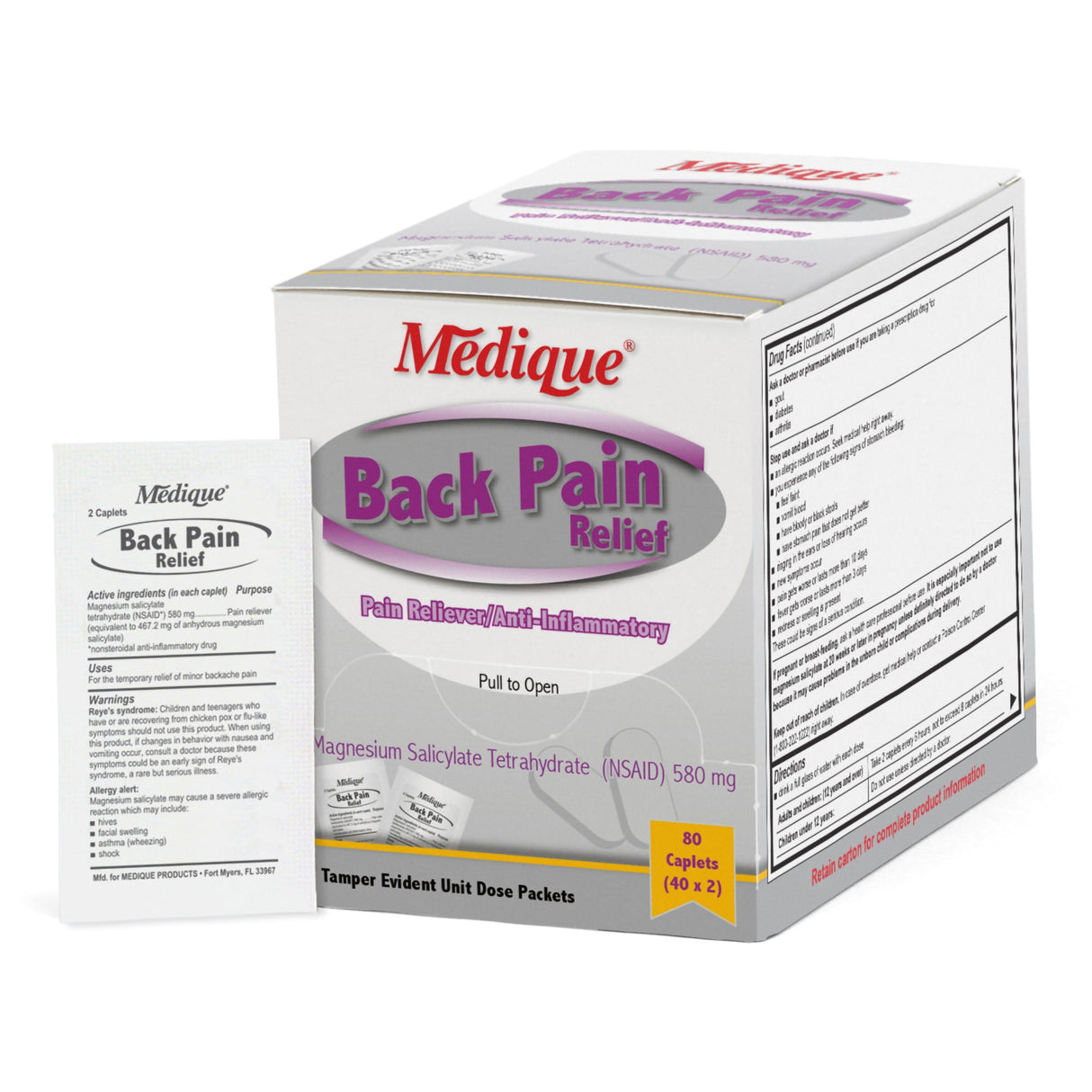 Back Pain Relief Medique® 580 mg Strength Magnesium Salicylate Tetrahydrate Caplet 80 Per Box - BeHope