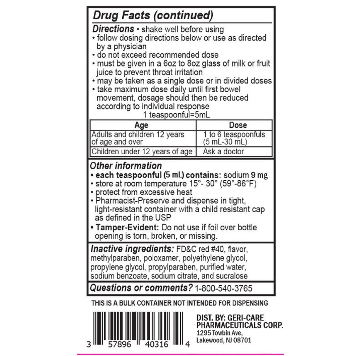Stool Softener Geri-Care® Cherry Liquid 16 oz. 50 mg / 5 mL Strength Docusate Sodium - BeHope