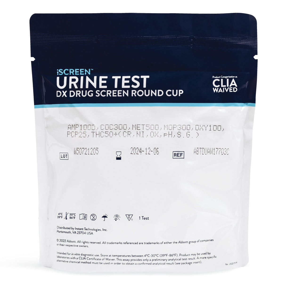 Drugs of Abuse Test Kit iScreen® DX AMP, BAR, BUP, BZO, COC, mAMP/MET, MDMA, MTD, MOP/OPI300, OXY, PCP, PPX, TCA, THC, (CR, pH, SG) 25 Tests CLIA Waived - BeHope