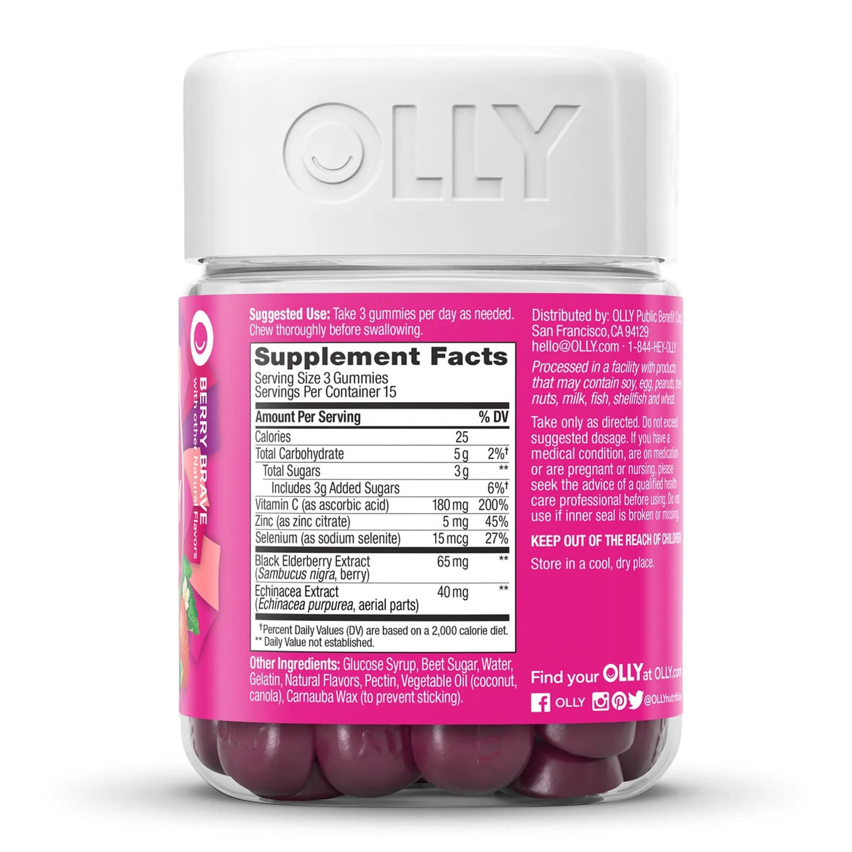 Dietary Supplement OLLY® Active Immunity+Elderberry Echinacea / Black Elderberry Extract / Zinc / Vitamin C 40 mg - 65 mg - 5 mg - 180 mg Strength Gummy 45 per Bottle Berry Brave Flavor - BeHope