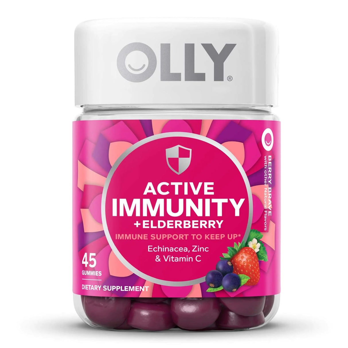 Dietary Supplement OLLY® Active Immunity+Elderberry Echinacea / Black Elderberry Extract / Zinc / Vitamin C 40 mg - 65 mg - 5 mg - 180 mg Strength Gummy 45 per Bottle Berry Brave Flavor - BeHope