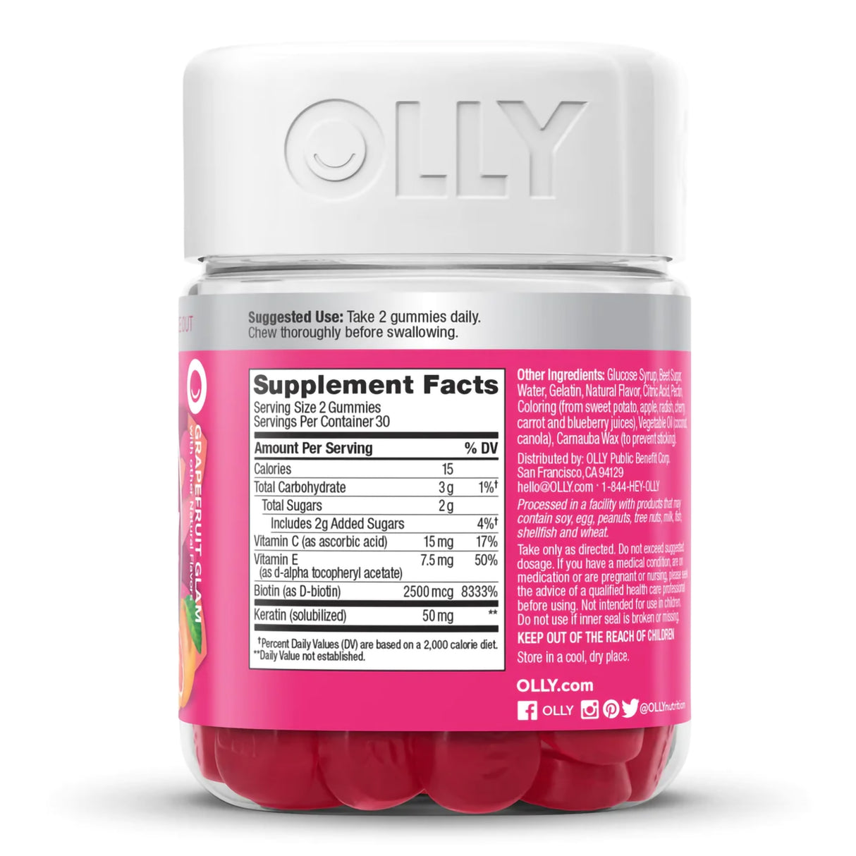 Dietary Supplement OLLY® Undeniable Beauty® Biotin / Vitamin C / Vitamin E / Keratin 2,500 mcg - 15 mg - 7.5 mg - 50 mg Strength Gummy 60 per Bottle Grapefruit Glam Flavor - BeHope