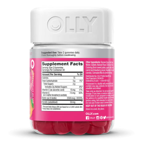 Dietary Supplement OLLY® Undeniable Beauty® Biotin / Vitamin C / Vitamin E / Keratin 2,500 mcg - 15 mg - 7.5 mg - 50 mg Strength Gummy 60 per Bottle Grapefruit Glam Flavor - BeHope