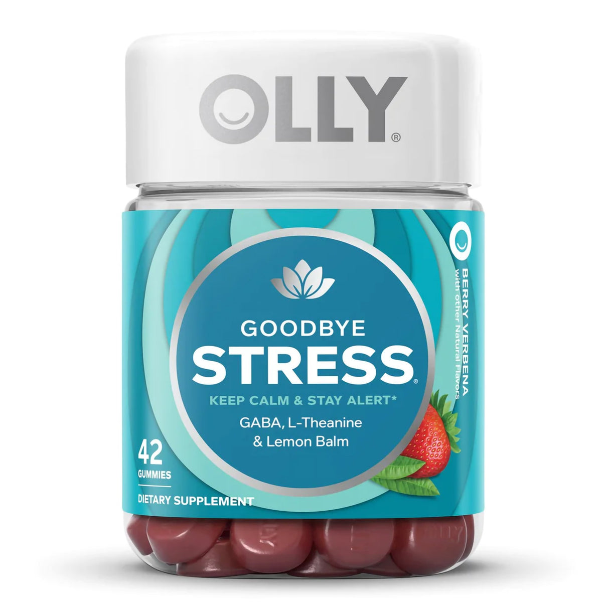 Dietary Supplement OLLY® Goodbye Stress® GABA / L-Theanine / Lemon Balm Extract 100 mg - 50 mg - 75 mg Strength Gummy 42 per Bottle Berry Verbena Flavor - BeHope