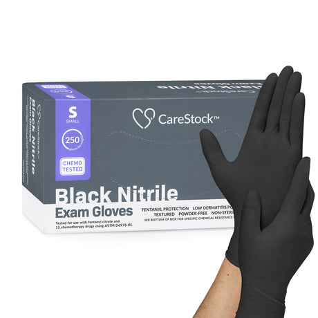 Exam Glove CareStock™ Small NonSterile Nitrile Standard Cuff Length Fully Textured Black Not Rated - BeHope