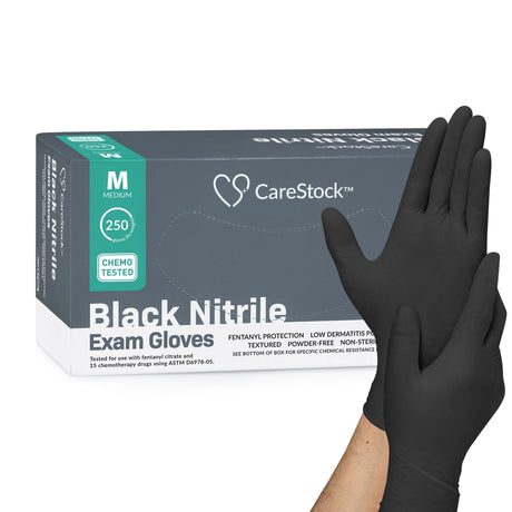 Exam Glove CareStock™ Medium NonSterile Nitrile Standard Cuff Length Fully Textured Black Not Rated - BeHope