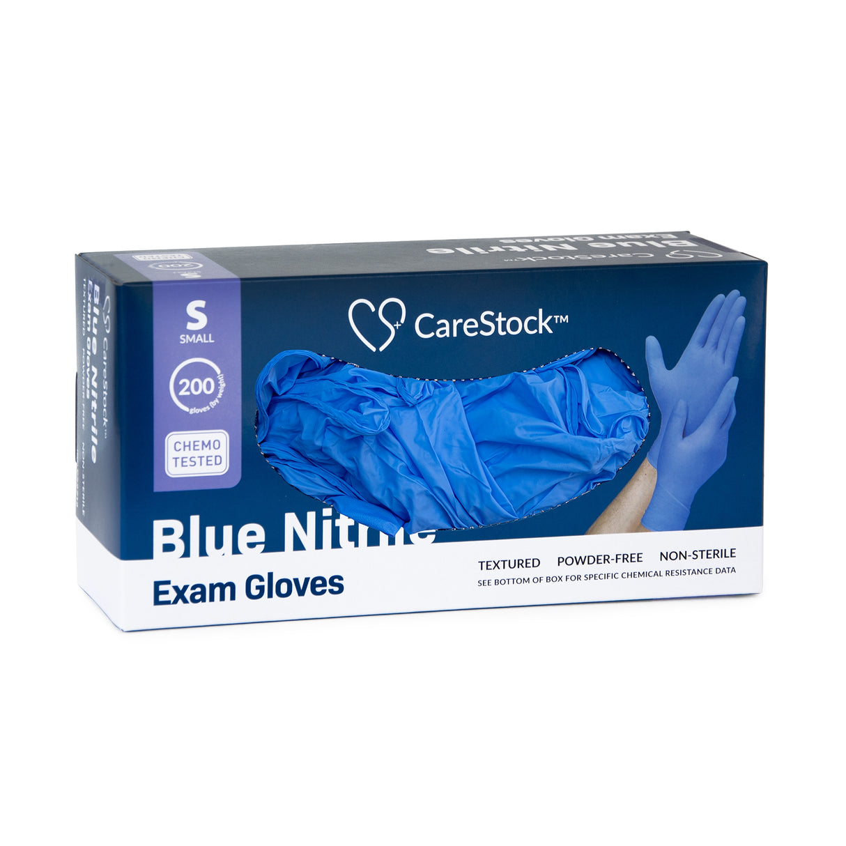 Exam Glove CareStock™ Small NonSterile Nitrile Standard Cuff Length Textured Fingertips Blue Chemo Tested - BeHope