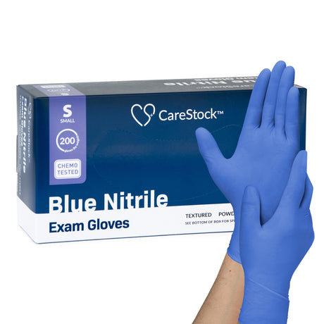 Exam Glove CareStock™ Small NonSterile Nitrile Standard Cuff Length Textured Fingertips Blue Chemo Tested - BeHope