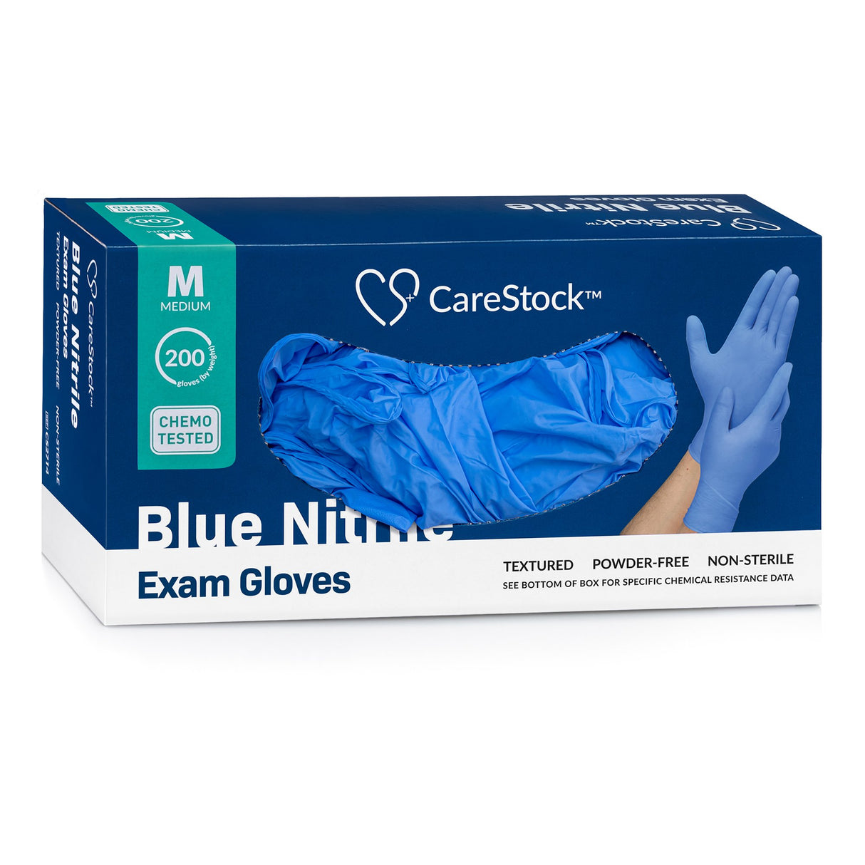 Exam Glove CareStock™ Medium NonSterile Nitrile Standard Cuff Length Textured Fingertips Blue Chemo Tested - BeHope