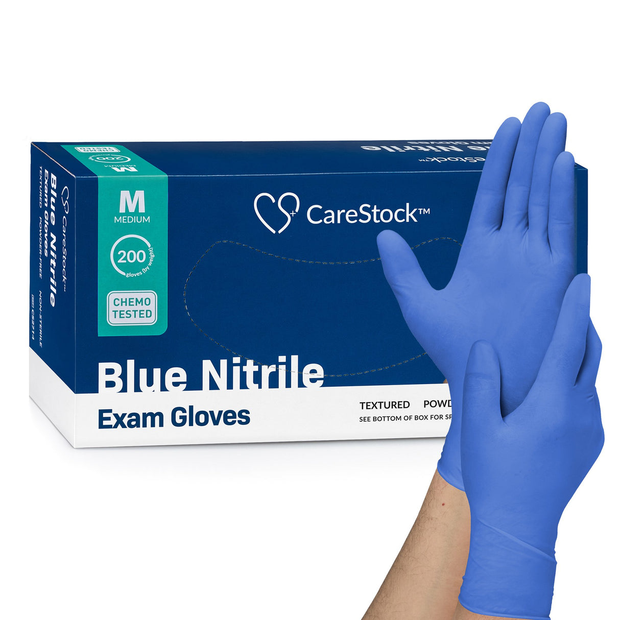 Exam Glove CareStock™ Medium NonSterile Nitrile Standard Cuff Length Textured Fingertips Blue Chemo Tested - BeHope