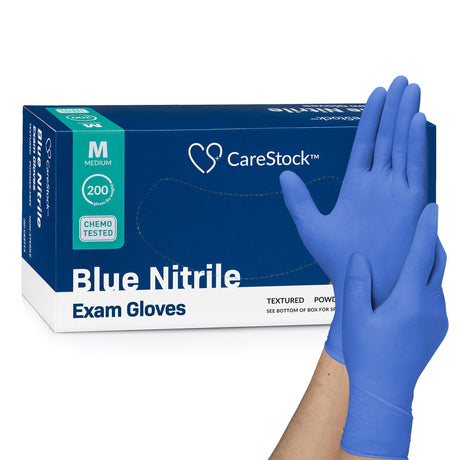 Exam Glove CareStock™ Medium NonSterile Nitrile Standard Cuff Length Textured Fingertips Blue Chemo Tested - BeHope