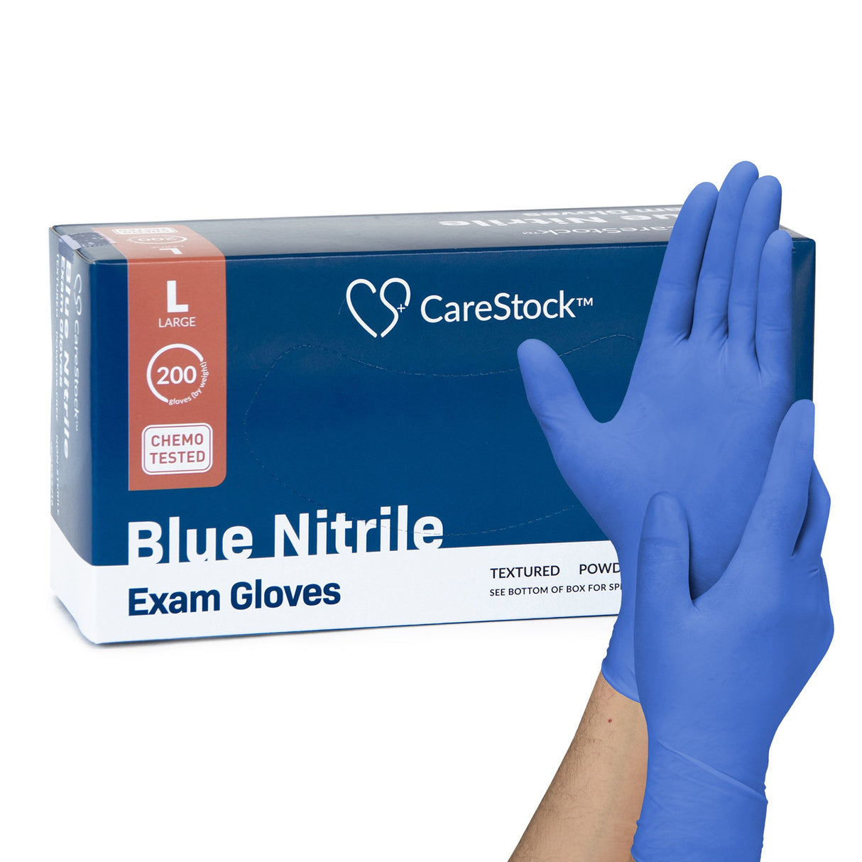 Exam Glove CareStock™ Large NonSterile Nitrile Standard Cuff Length Textured Fingertips Blue Chemo Tested - BeHope