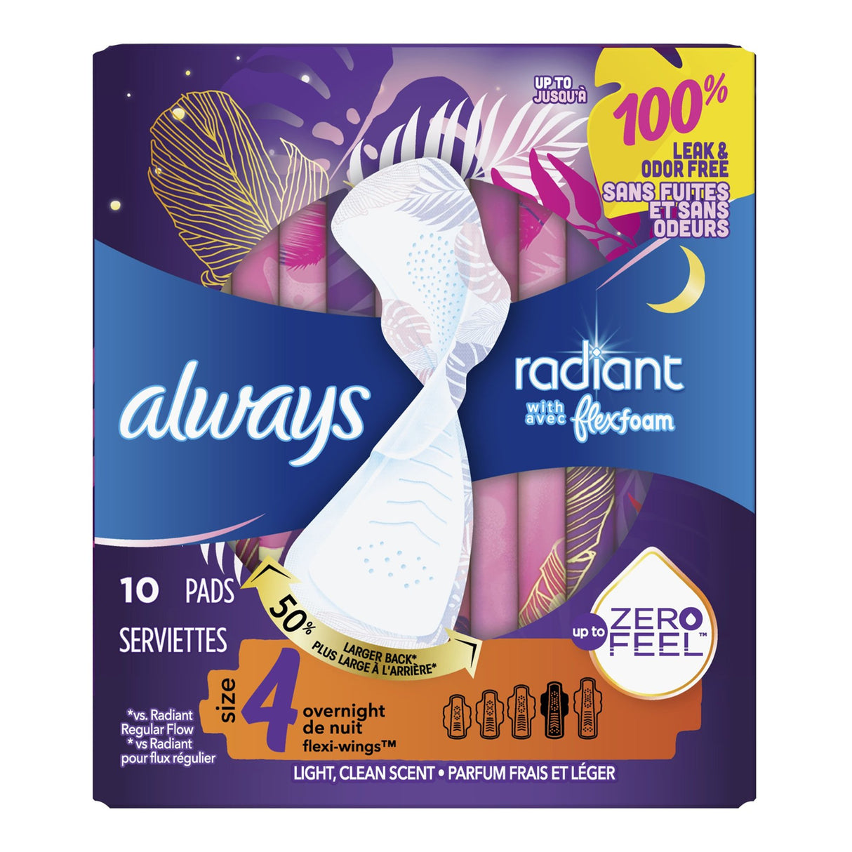 Feminine Pad Always® Radiant with FlexFoam Overnight / With Wings Heavy Absorbency - BeHope
