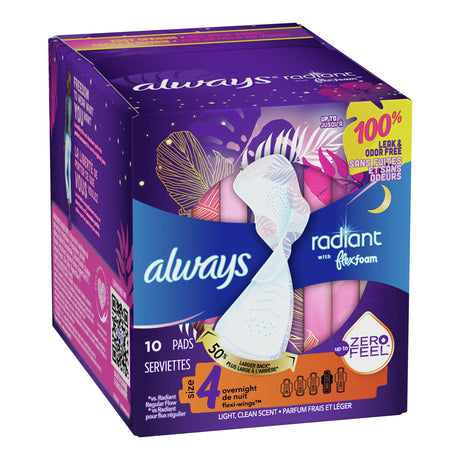 Feminine Pad Always® Radiant with FlexFoam Overnight / With Wings Heavy Absorbency - BeHope