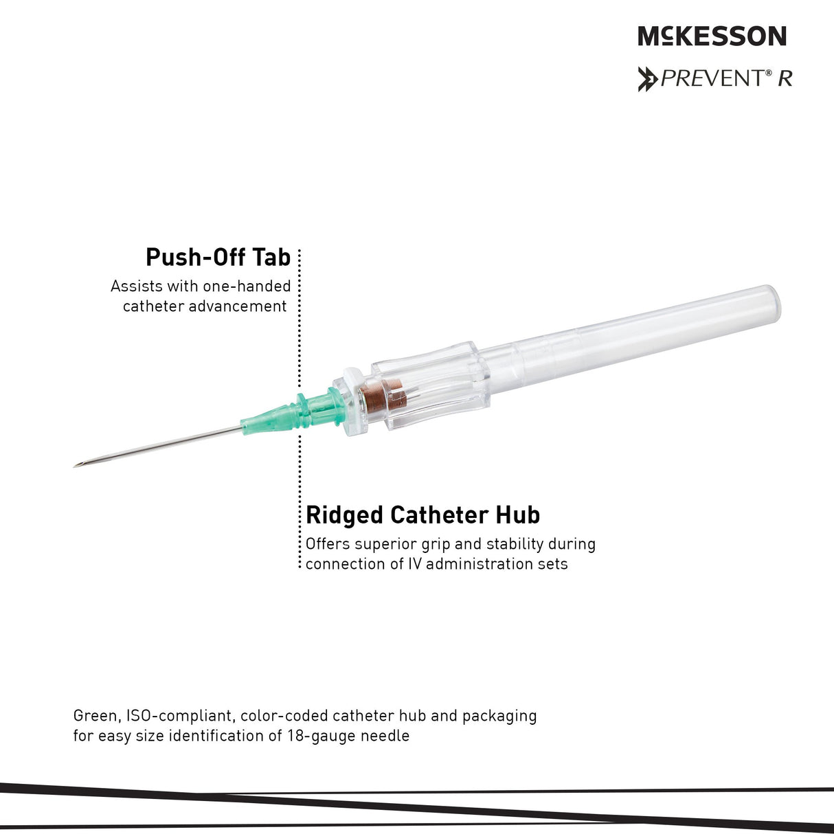 Peripheral IV Catheter McKesson 18 Gauge 1.16 Inch Polyurethane Straight Hub Non Blood Control Push Button Safety - BeHope