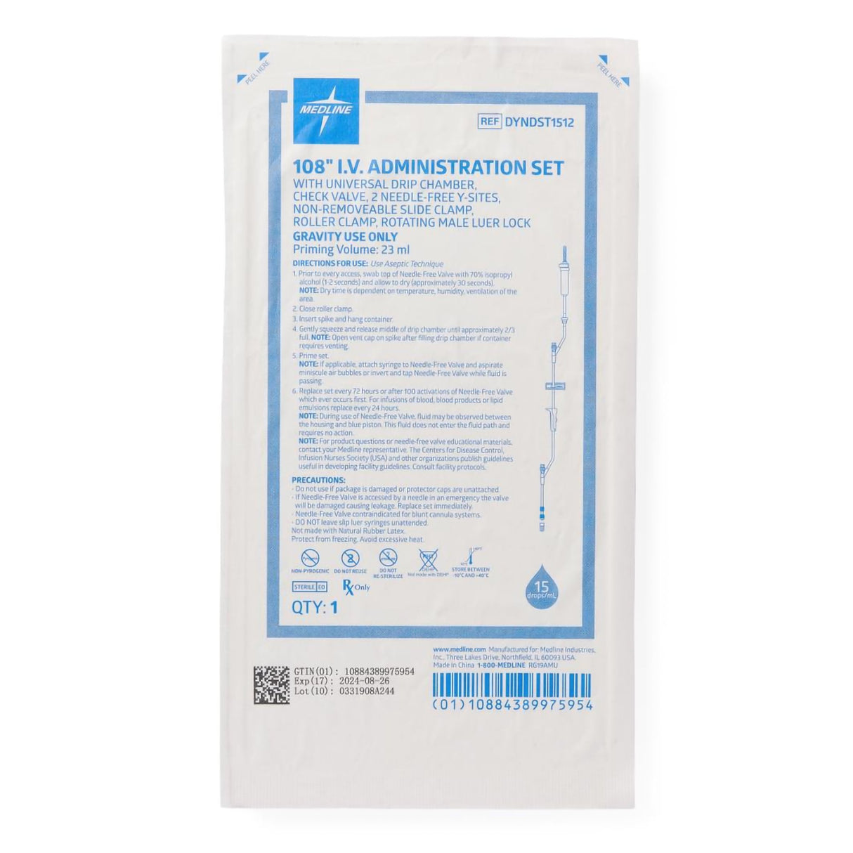 Primary IV Administration Set Medline Gravity 2 Ports 15 Drops / mL Drip Rate 108 Inch Tubing Solution - BeHope