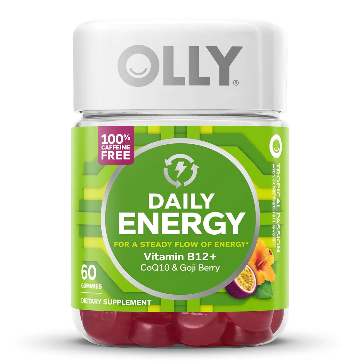 Dietary Supplement OLLY® Daily Energy Vitamin B12 / CoQ10 / Goji Berry 300 mcg - 30 mg - 100 mg Strength Gummy 60 per Bottle Tropical Passion Flavor - BeHope