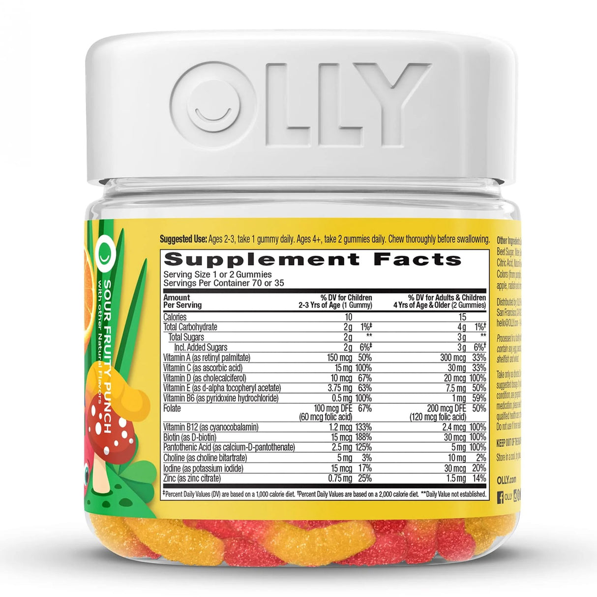 Dietary Supplement OLLY® Kids Multi Gummy Worms Vitamin A / B6 / B12 / C / D / E / Zinc 150 mcg - 0.5 mg - 1.2 mcg - 15 mg - 10 mcg - 3.75 mg - 0.75 mg Strength Gummy 70 per Bottle Sour Fruity Punch Flavor - BeHope