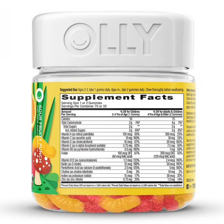 Dietary Supplement OLLY® Kids Multi Gummy Worms Vitamin A / B6 / B12 / C / D / E / Zinc 150 mcg - 0.5 mg - 1.2 mcg - 15 mg - 10 mcg - 3.75 mg - 0.75 mg Strength Gummy 70 per Bottle Sour Fruity Punch Flavor - BeHope