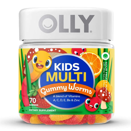 Dietary Supplement OLLY® Kids Multi Gummy Worms Vitamin A / B6 / B12 / C / D / E / Zinc 150 mcg - 0.5 mg - 1.2 mcg - 15 mg - 10 mcg - 3.75 mg - 0.75 mg Strength Gummy 70 per Bottle Sour Fruity Punch Flavor - BeHope