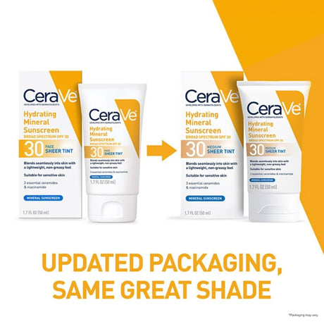 Sunscreen CeraVe® Hydrating Mineral Sunscreen Medium Sheer Tint SPF30 Lotion 1.7 oz. Tube - BeHope